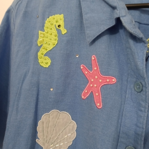 Quacker Factory Button down embroidered ocean theme casual shirt - Picture 4 of 8